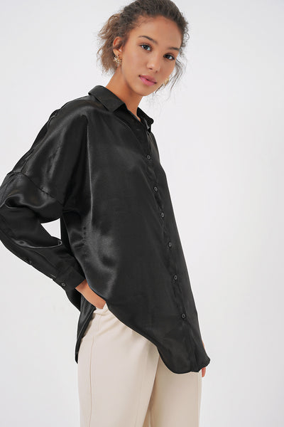 Oversize Saten Gömlek - Siyah