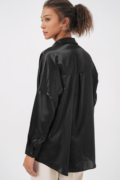 Oversize Saten Gömlek - Siyah