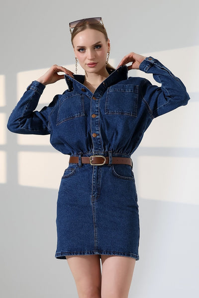 Rochie mini din denim cu nasturi 3027