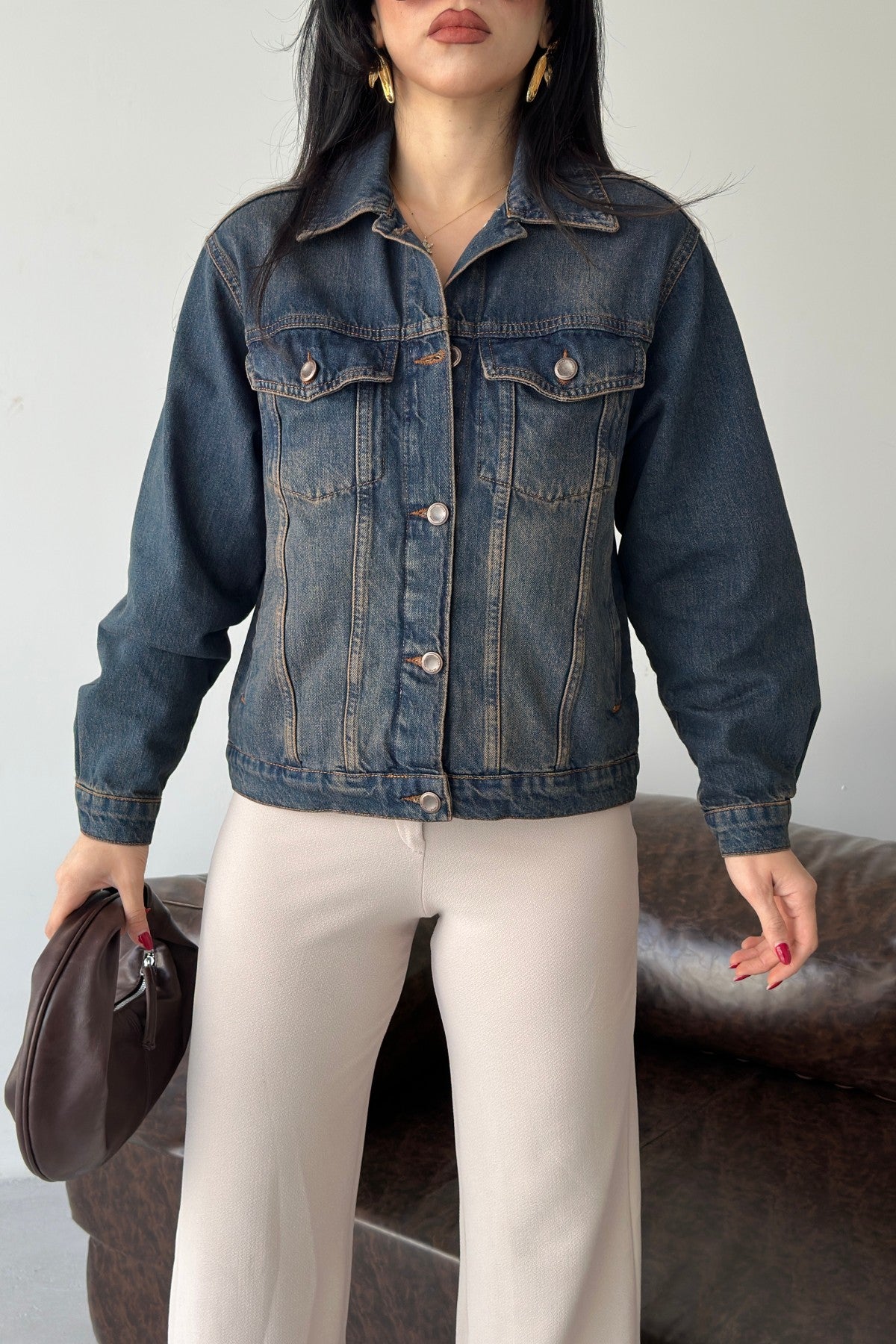 Jachetă Denim cu Guler Clasic, Buzunare și Butoane 6081