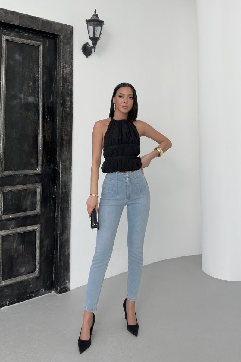 Pantalon Denim Skinny cu Pliseu 7053