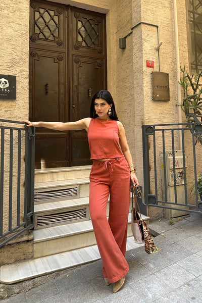 Set Bluz fără Mâneci și Pantaloni Relax cu Șnur 3214