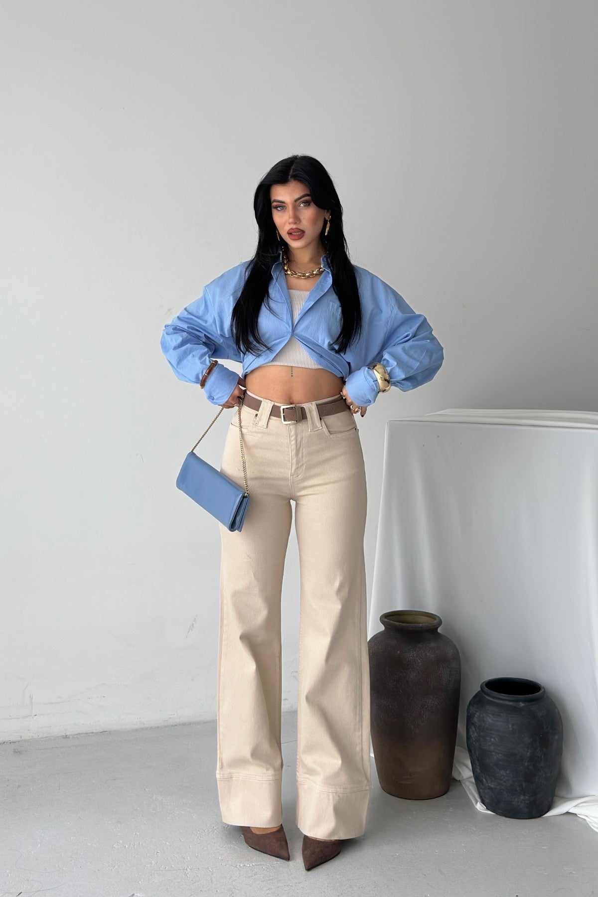 Pantaloni Palazzo Denim cu Detalii Crac 7164