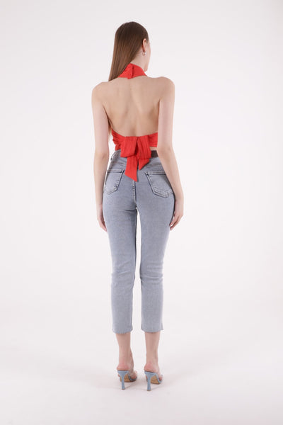 Pantaloni Denim Mom Fit cu Crac fara Cusaturi 764