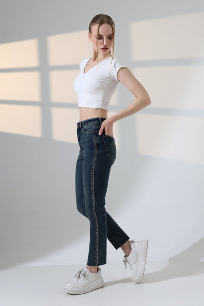 Pantalon Denim Mom Fit cu Banda Pietre 7110
