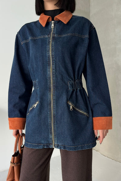 Jachetă Denim cu Fermoar și Detalii din Catifea 6129