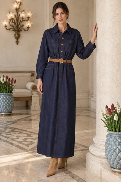 Rochie din denim drapată cu cămașă și curea 3101