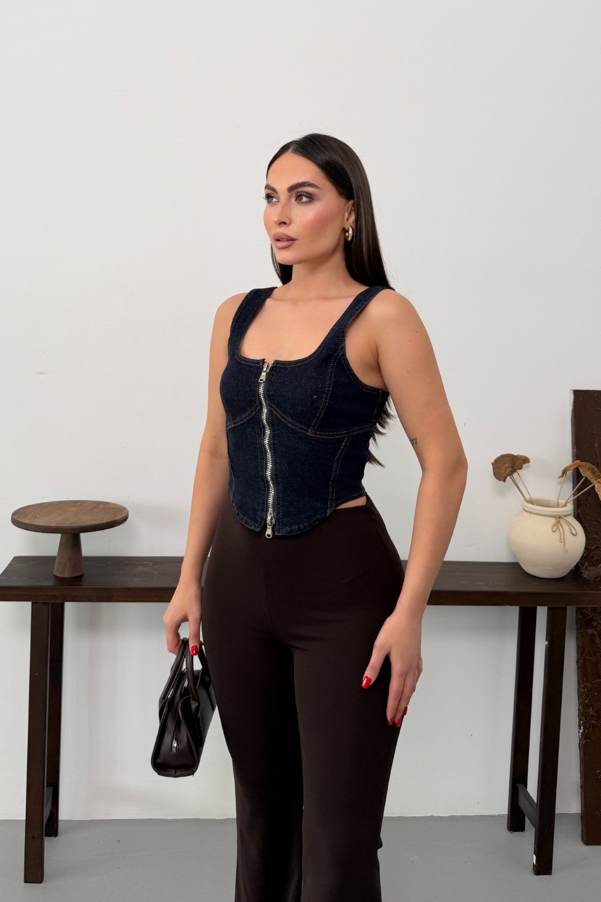 Fermuarlı Denim Büstiyer 411