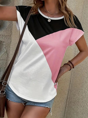 Tricou de damă cu guler rotund, din viscoză tricoloră, 17652