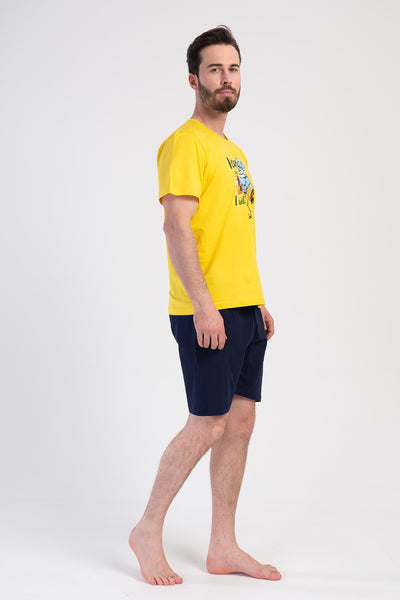 SET DE TRENING BĂRBAȚI CU BUZUNARE P.SUPREM MĂRIMEA XXL, CU GULER ROTUND, MÂNECĂ SCURTĂ ȘI PANTALONI SCURȚI - GALBEN