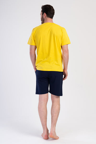 SET DE TRENING BĂRBAȚI CU BUZUNARE P.SUPREM MĂRIMEA XXL, CU GULER ROTUND, MÂNECĂ SCURTĂ ȘI PANTALONI SCURȚI - GALBEN