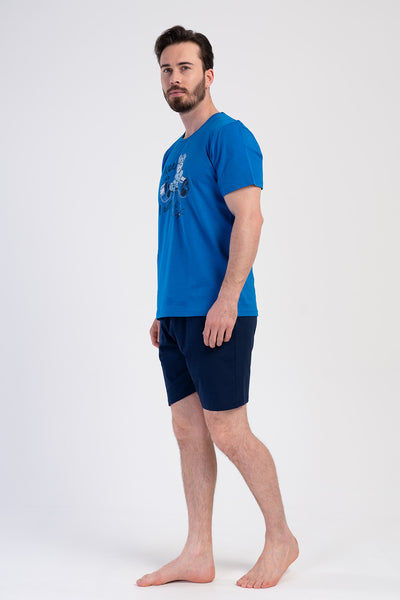 SET PANTALONI SCURȚI BĂRBĂTEȘTI CU BUZUNARE P.SUPREM MĂRIMEA XXL GULER ROTUND MÂNECĂ SCURTĂ - SAX