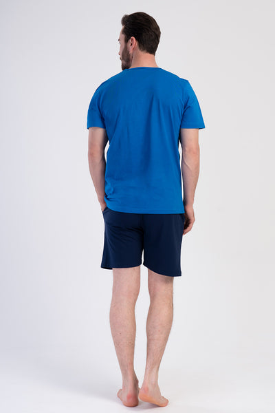 SET PANTALONI SCURȚI BĂRBĂTEȘTI CU BUZUNARE P.SUPREM MĂRIMEA XXL GULER ROTUND MÂNECĂ SCURTĂ - SAX