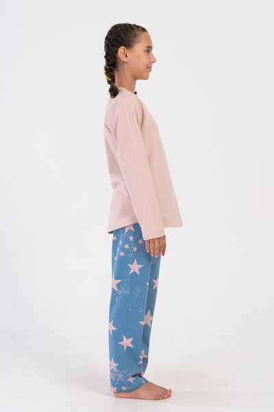 KIZ COCUK 2IPLIK O YAKA UZUN KOL ETEGI OVAL PIJAMA TAKIM(9-10/15-16) - BABY PINK