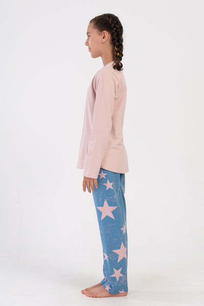 KIZ COCUK 2IPLIK O YAKA UZUN KOL ETEGI OVAL PIJAMA TAKIM(9-10/15-16) - BABY PINK