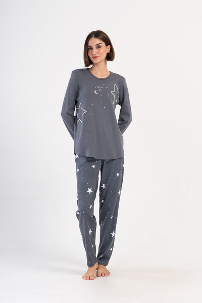 PIJAMA DE DAMĂ INTERLOCK MĂRIME XXL, CU GULER ROTUND, MÂNECĂ LUNGĂ, TIV OVAL - FUME