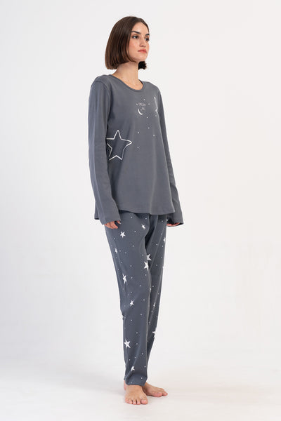 PIJAMA DE DAMĂ INTERLOCK MĂRIME XXL, CU GULER ROTUND, MÂNECĂ LUNGĂ, TIV OVAL - FUME