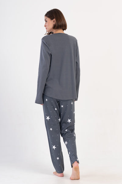 PIJAMA DE DAMĂ INTERLOCK MĂRIME XXL, CU GULER ROTUND, MÂNECĂ LUNGĂ, TIV OVAL - FUME