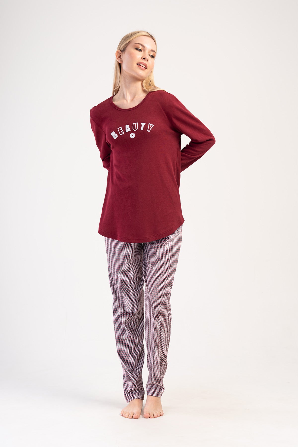SET PIJAMALE DAMA INTERLOCK XXL GULER ROTUND MANECA LUNGA TIV OVAL - BORDO