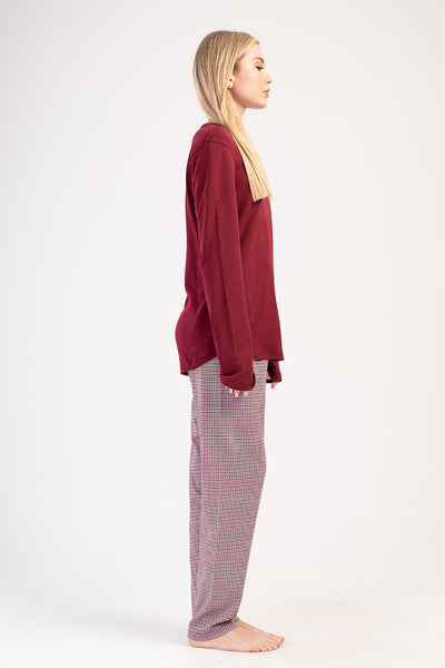 SET PIJAMALE DAMA INTERLOCK XXL GULER ROTUND MANECA LUNGA TIV OVAL - BORDO