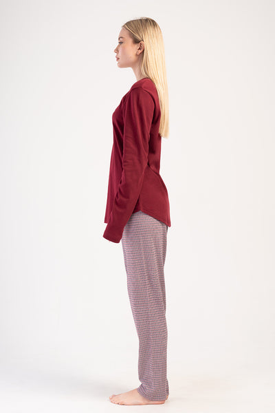 SET PIJAMALE DAMA INTERLOCK XXL GULER ROTUND MANECA LUNGA TIV OVAL - BORDO