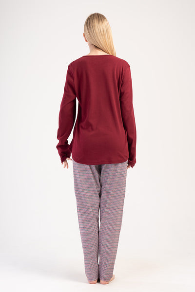 SET PIJAMALE DAMA INTERLOCK XXL GULER ROTUND MANECA LUNGA TIV OVAL - BORDO