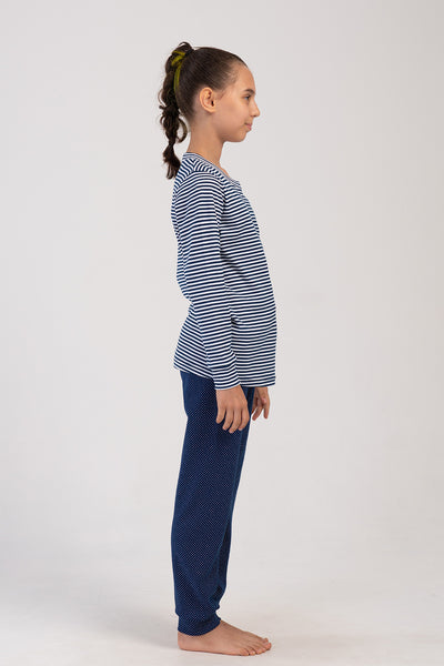 KIZ COCUK INTERLOCK O YAKA UZUN KOL ETEGI OVAL MANSETLI PIJAMA TAKIM(7-8/13-14) - INDIGO
