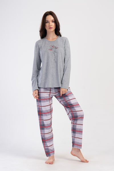 PIJAMA DE DAMĂ, MÂNECĂ LUNGĂ, GULER ROTUND, CU DANTELĂ OVALĂ, SUPREM XXL - GRI MELANJ