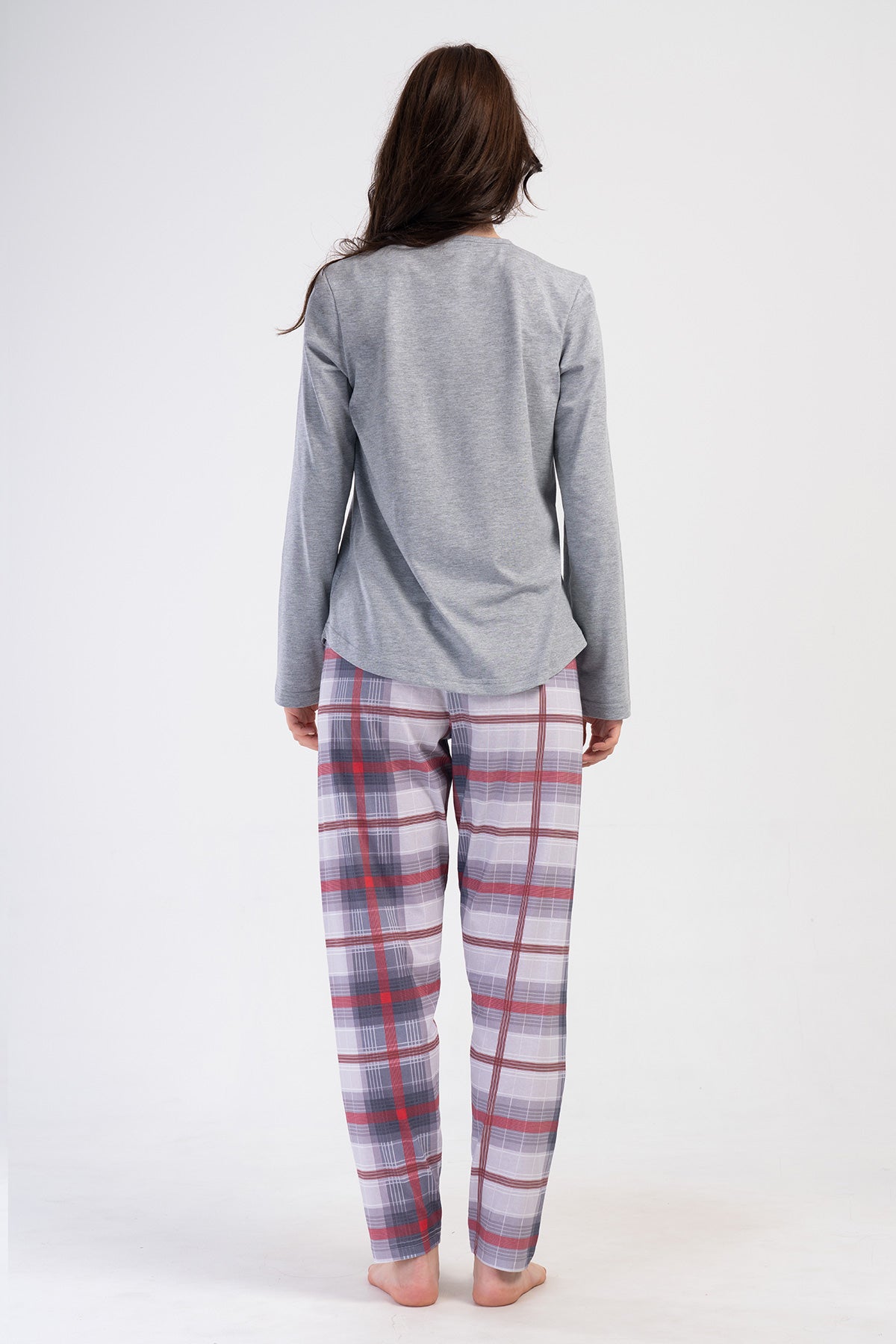 PIJAMA DE DAMĂ, MÂNECĂ LUNGĂ, GULER ROTUND, CU DANTELĂ OVALĂ, SUPREM XXL - GRI MELANJ