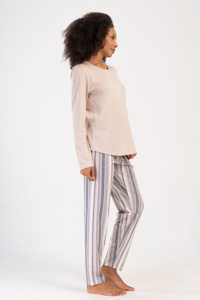 P.SUPREM XXL COSTUM DE PIJAMALE DE DAMĂ, GÂT ROTUND, MÂNECĂ LUNGĂ, TIV OVAL - BEJ