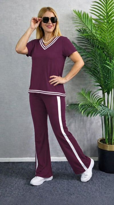 Costum pentru femei din 2 piese - bluz viscoza cu maneca scurta, guler V si pantaloni, 35484