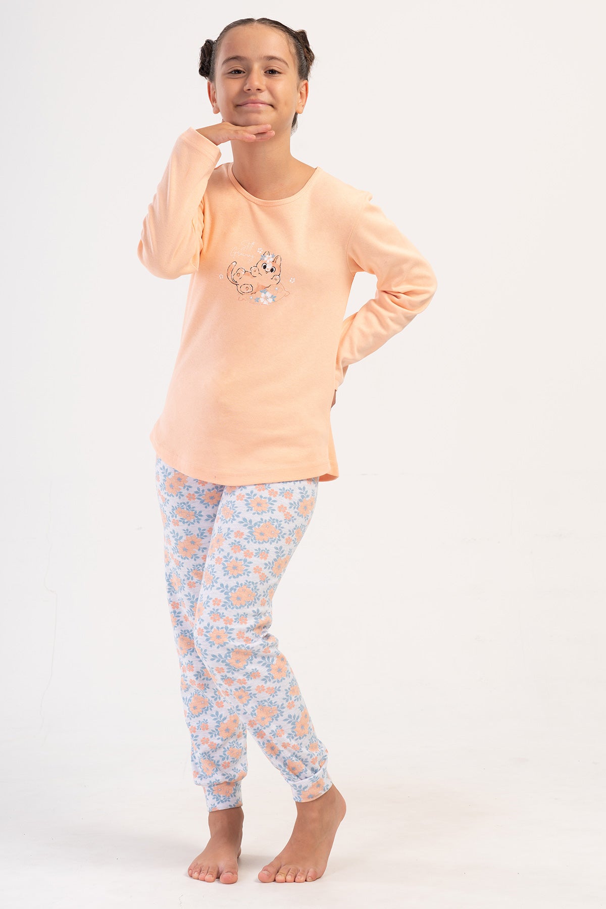 SET PIJAMA FETE CU MÂNECĂ LUNGĂ, GULER ROTUND ȘI BORDURĂ OVALĂ INTERLOCK (1-2/5-6) - BABY PINK