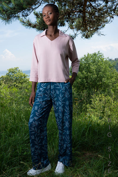 COSTUM PANTALON FEMEI VISCOZĂ XXL CĂMAȘĂ GULER ÎN V MÂNECĂ 7/8 BUZUNARE - ROZ