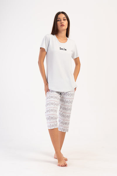 Costum oval Capri cu mânecă scurtă și guler în formă de O pentru femei P.SUPREM - Gri