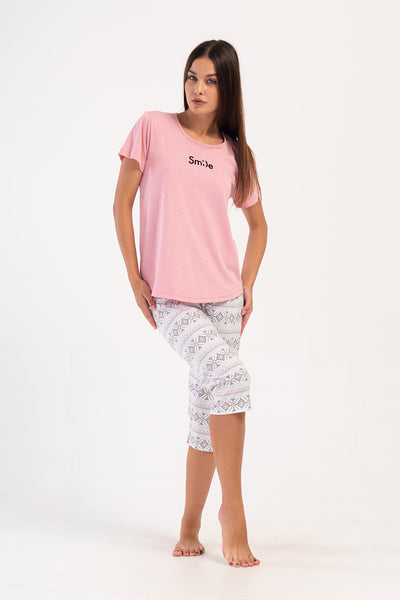 Costum oval Capri cu mânecă scurtă și guler în formă de O pentru femei P.SUPREM - Roz