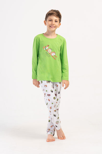 Pijama băiat P.SUPREM guler rotund, mânecă lungă, cu buzunare (9/10-15/16) - VERDE