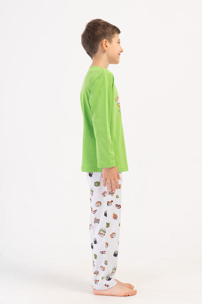 Pijama băiat P.SUPREM guler rotund, mânecă lungă, cu buzunare (9/10-15/16) - VERDE