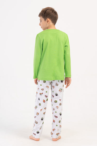 Pijama băiat P.SUPREM guler rotund, mânecă lungă, cu buzunare (9/10-15/16) - VERDE