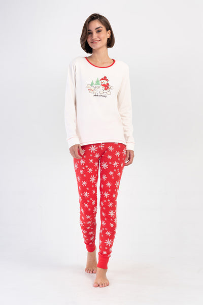 Pijama din două piese pentru femei, din lycra, cu guler rotund, mânecă lungă, top scurt în față și lung în spate, cu manșete și colanți - Alb Murdar