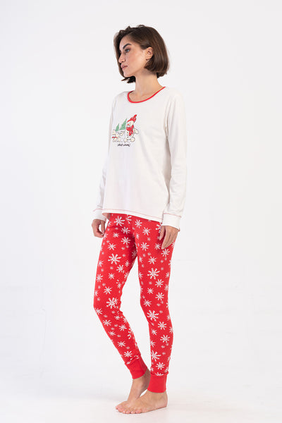 Pijama din două piese pentru femei, din lycra, cu guler rotund, mânecă lungă, top scurt în față și lung în spate, cu manșete și colanți - Alb Murdar