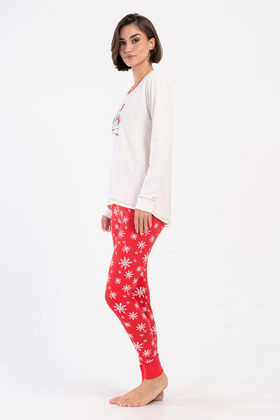 Pijama din două piese pentru femei, din lycra, cu guler rotund, mânecă lungă, top scurt în față și lung în spate, cu manșete și colanți - Alb Murdar