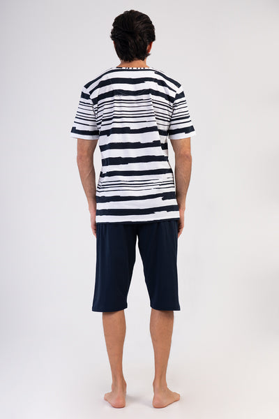 Pijama bărbătească cu buzunar P.SUPREM XXL, decolteu în V, mânecă scurtă, pantaloni trei sferturi - BLEUMARIN