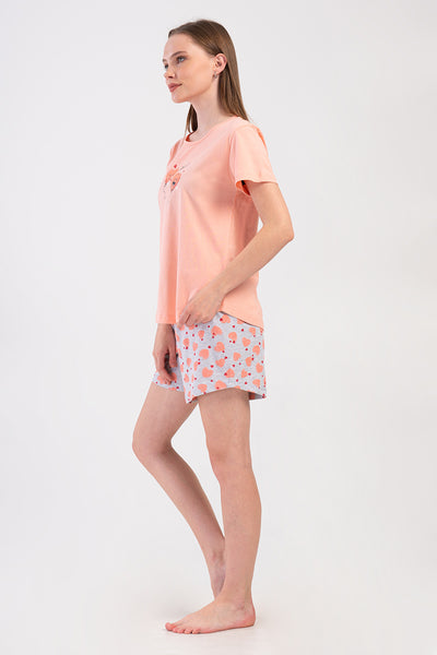 COSTUM DE DAME CU GÂT ROTUND ȘI MÂNECĂ SCURTĂ, FUSTĂ OVALĂ ȘI PANTALONI SCURȚI - BABY PINK