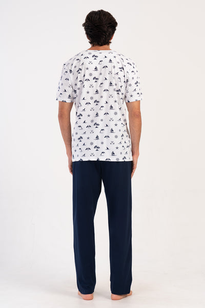 SET P.SUPREM PIJAMALE BĂRBĂTEȘTI CU BUZUNAR, GULER ROTUND, MÂNECĂ SCURTĂ - BLEUMARIN