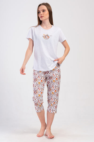 Costum oval Capri cu mânecă scurtă și guler în formă de O pentru femei P.SUPREM - Gri melanj