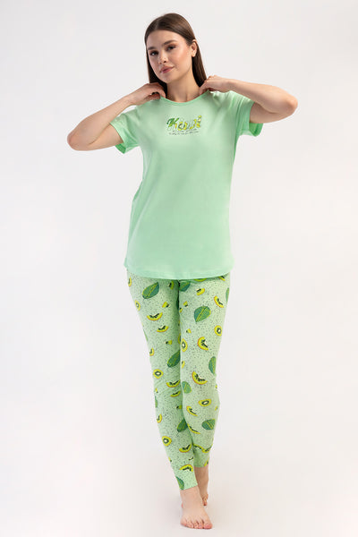 KADIN LYC SUPREM O YAKA KISA KOL BLUZU UZUN ETEGI OVAL MANSETLI TAYT PIJAMA TAKIM - CELADONGREEN