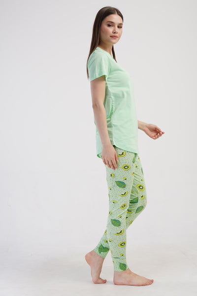 KADIN LYC SUPREM O YAKA KISA KOL BLUZU UZUN ETEGI OVAL MANSETLI TAYT PIJAMA TAKIM - CELADONGREEN