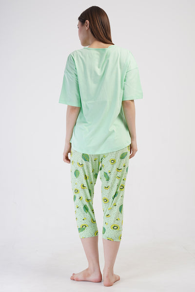 SET CAPRI DE DAMĂ, DECOLTEU ROTUND, UMERI CĂZUȚI, MÂNECĂ SCURTĂ, TIV OVAL ȘI MANȘETE, LYC SUPREM XXL - VERDE CELADON