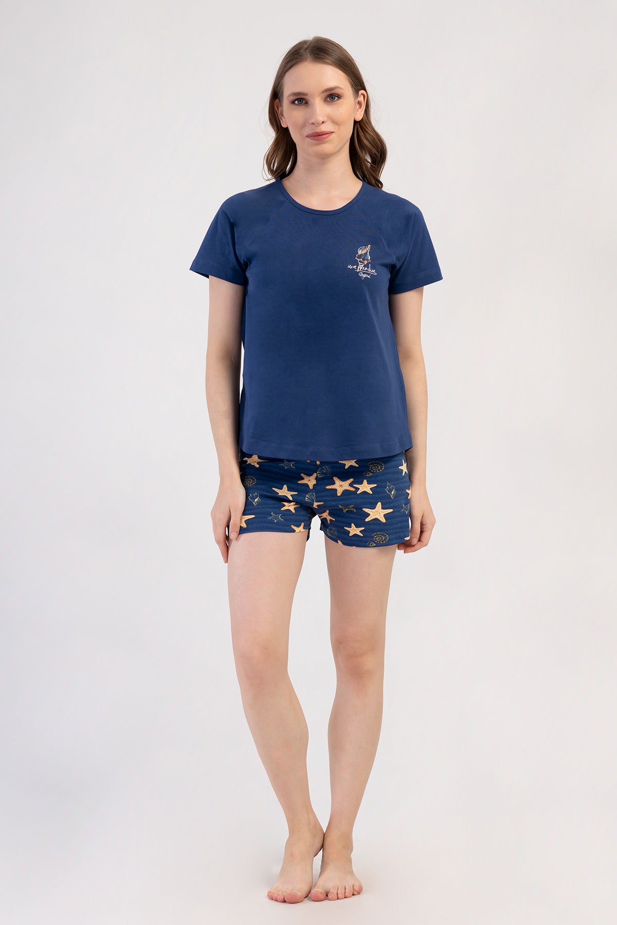 SET DE PIJAMALE DE DAMĂ LYC SUPREM, GÂT ROTUND, MÂNECĂ SCURTĂ RAGLAN, TIV OVAL - 1193INDIGO