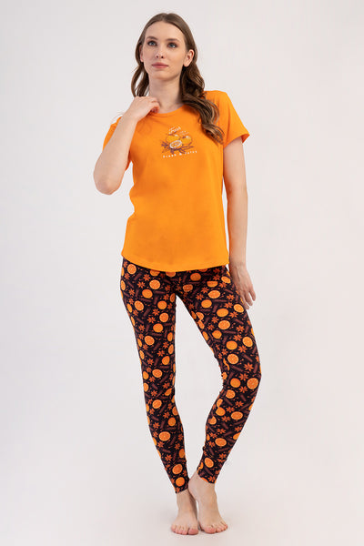 Pijama Set Damă Lira Supremă, Cu Decolteu Rotund, Mânecă Scurtă, Pantaloni Scurți Cu Tiv Oval, Colanți - Portocaliu